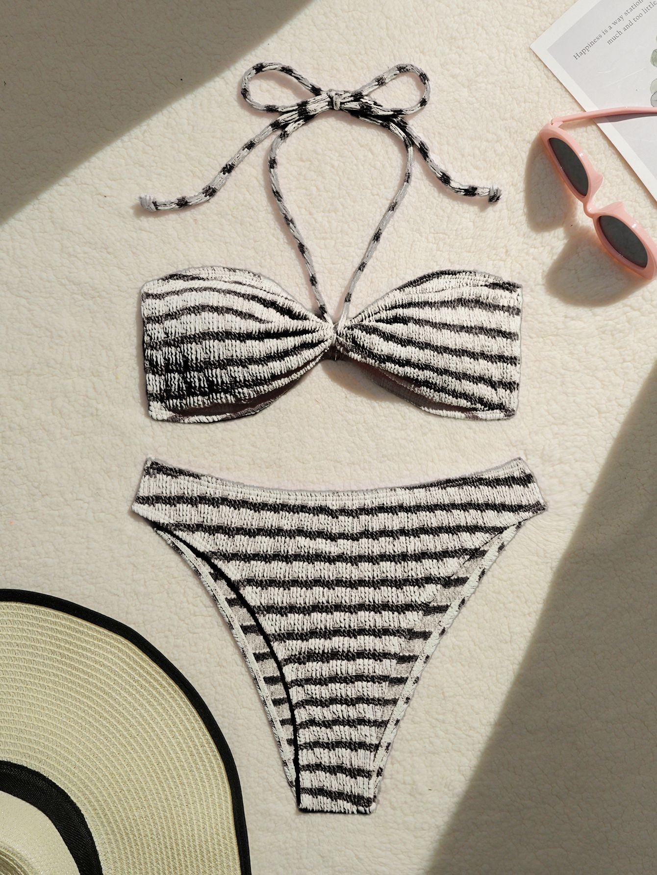 Striped Halter Two-Piece Bikini Set | Padded Wire-Free Beach Swimwear