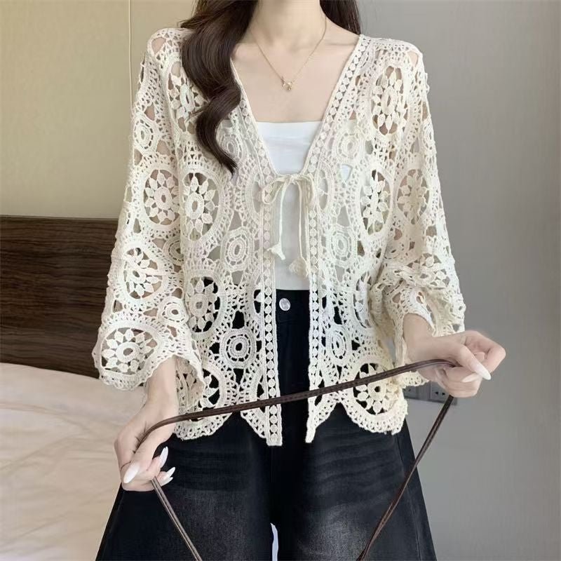 Hollow Knit Tie-Front Cardigan Top | Vintage Cotton Layering Knitwear