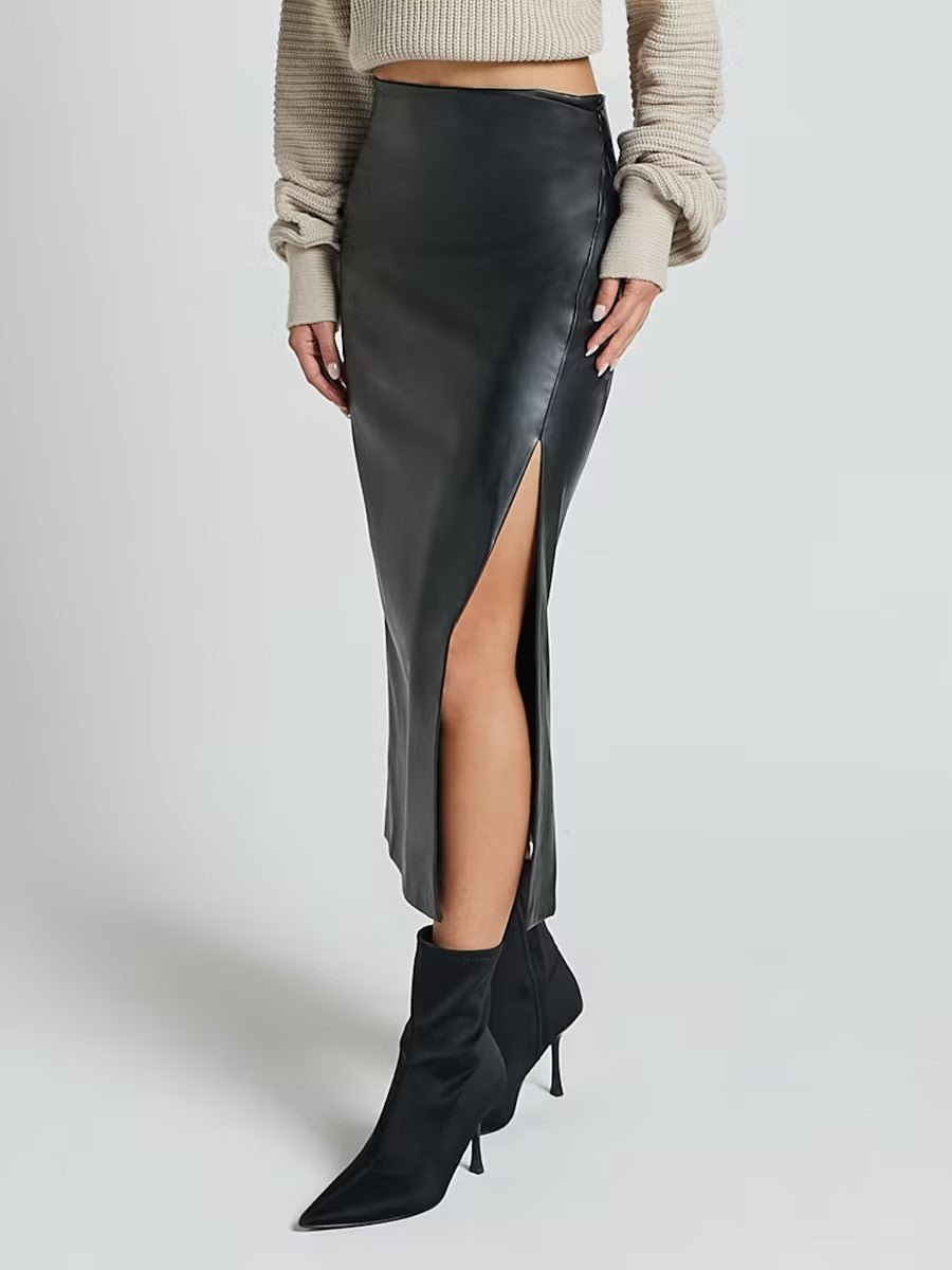 PU-Look High-Waist Slit Bodycon Maxi Skirt | Zipper Boutique Long Skirt