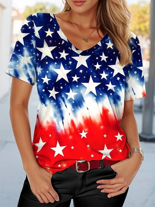 Women's American Flag Printed Casual Cotton V-Neck T-Shirt