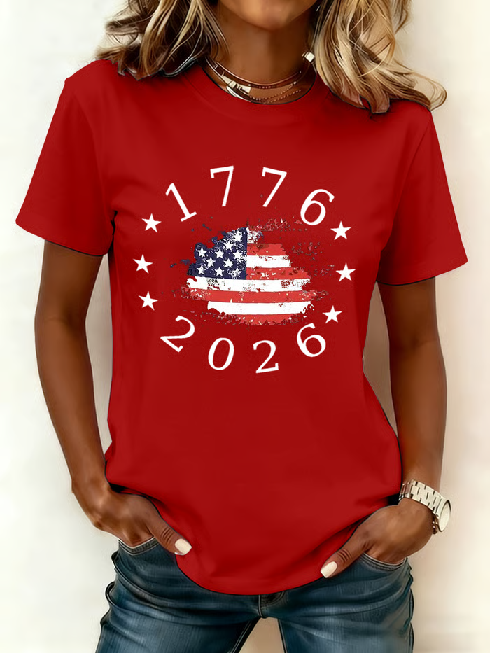 Women's Short Sleeve T-shirt Summer Red America Flag Printing Jersey Crew Neck Daily Going Out Casual Top