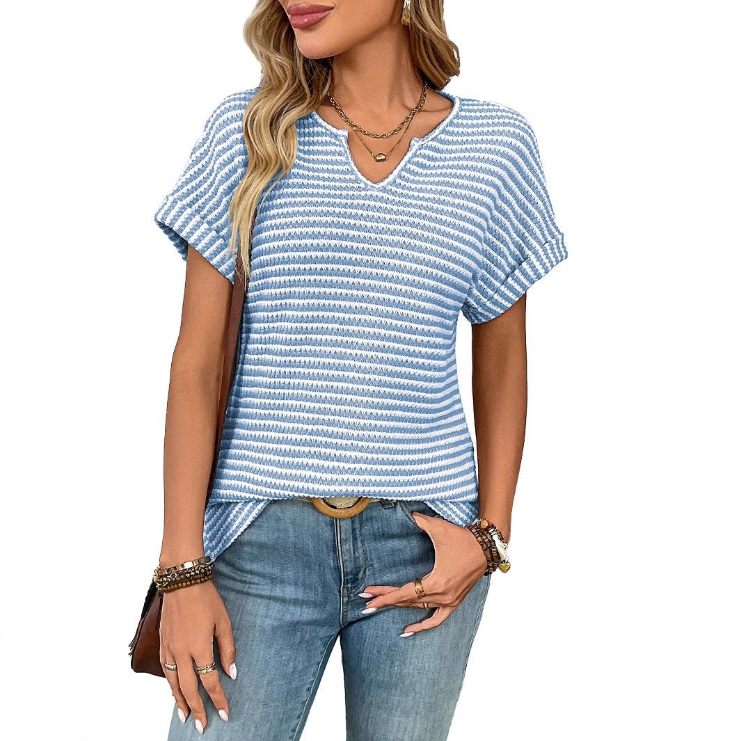 Striped V-Neck Raglan Sleeve T-Shirt | Casual Loose Fit Tee