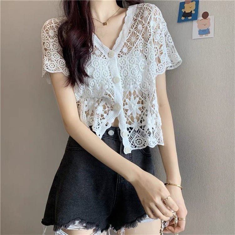 Embroidered Crochet Short Sleeve Knit Cardigan | Cotton Urban Layering Top