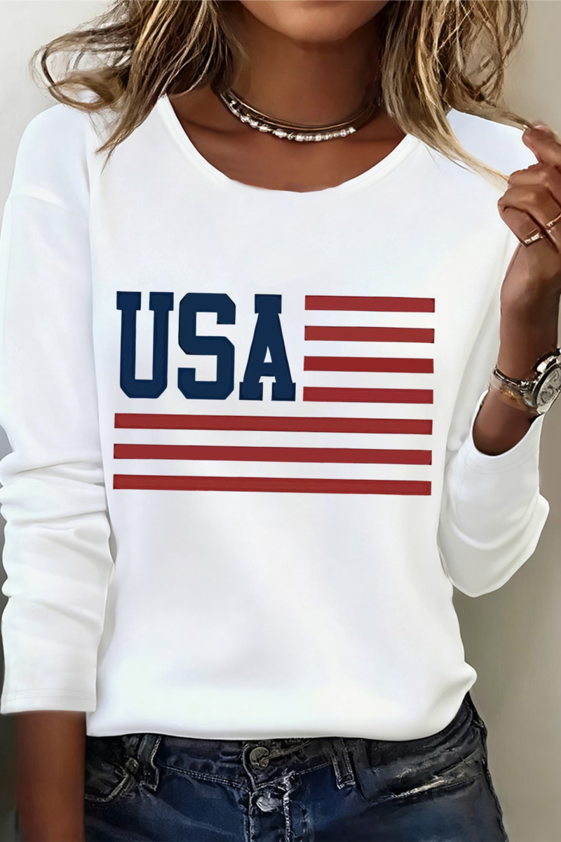 Women's Long Sleeve T-shirt Spring/Fall White America Flag Printing Jersey Crew Neck Daily Going Out Casual Top