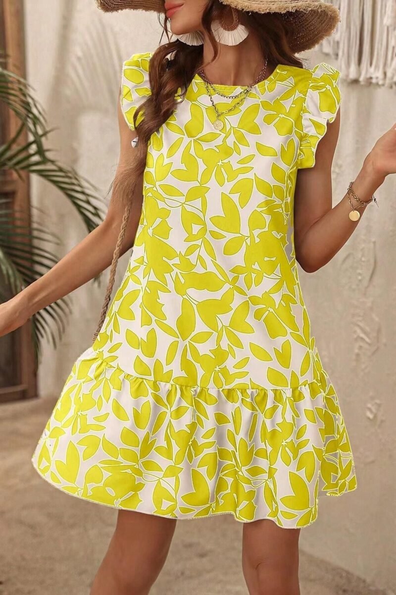Printed Round Neck Flutter Sleeve Ruffle Dress | High-Waist Feminine Boutique Dress