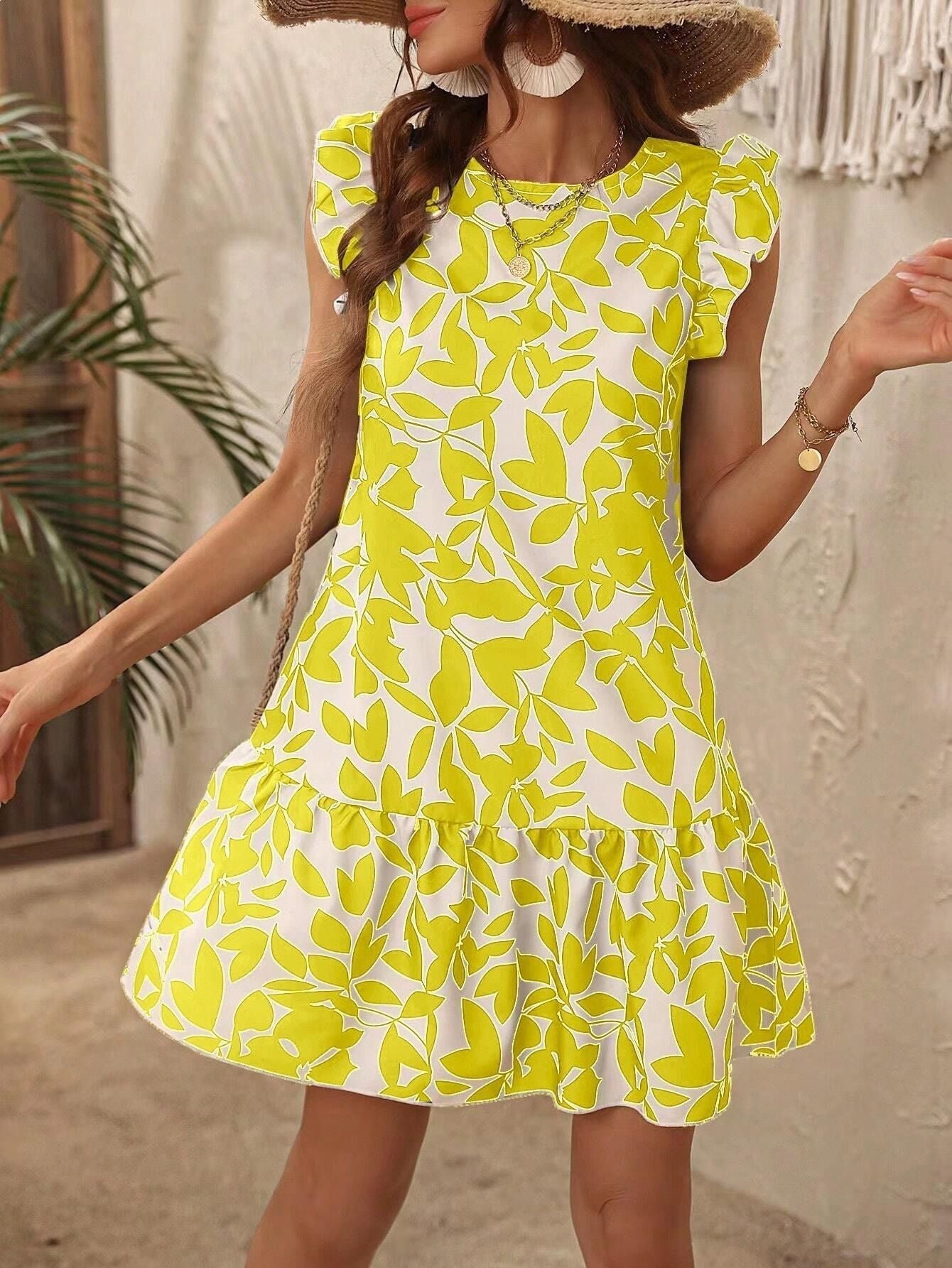 Printed Round Neck Flutter Sleeve Ruffle Dress | High-Waist Feminine Boutique Dress
