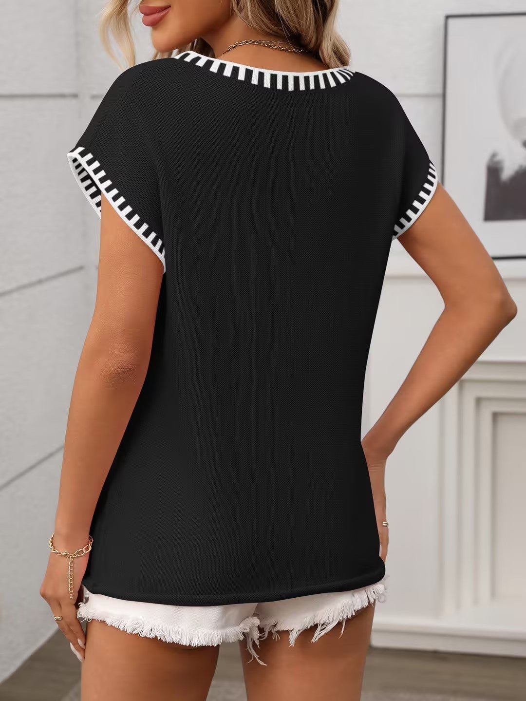 Striped V-Neck Knit Sweater Top | Lightweight Short Sleeve Knitwear