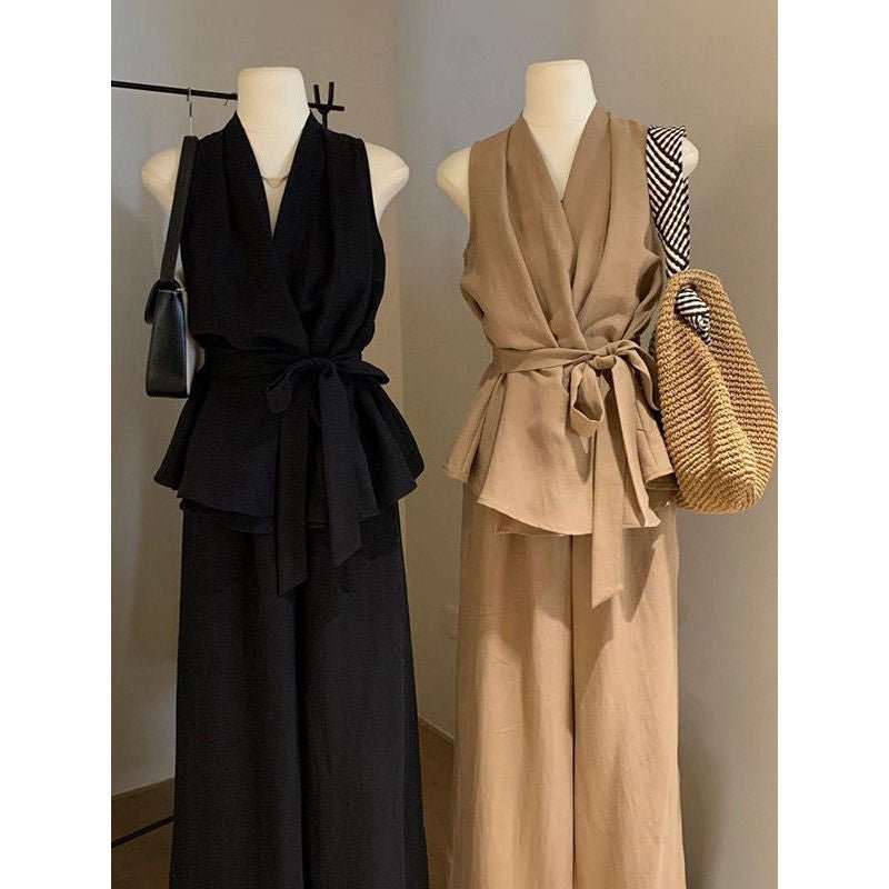 French V-Neck Halter Top & Wide Leg Pants Set | Chic Summer Two-Piece Outfit