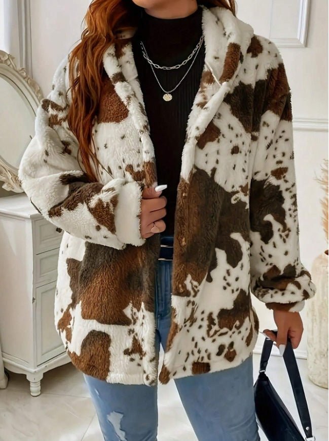 Printed Fuzzy Hooded Wool-Blend Jacket | Cozy Autumn Winter Boutique Outerwear