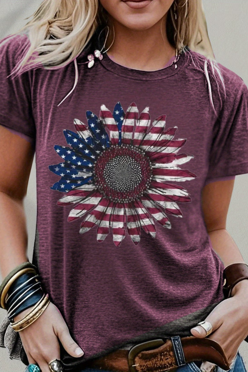 Women's Short Sleeve T-shirt Summer Purple America Flag Printing Jersey Crew Neck Daily Going Out Casual Top
