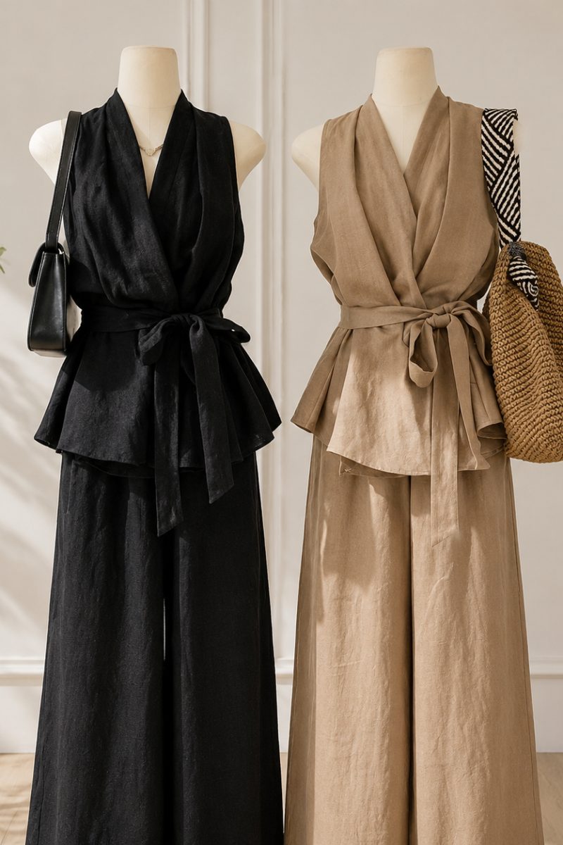 French V-Neck Halter Top & Wide Leg Pants Set | Chic Summer Two-Piece Outfit