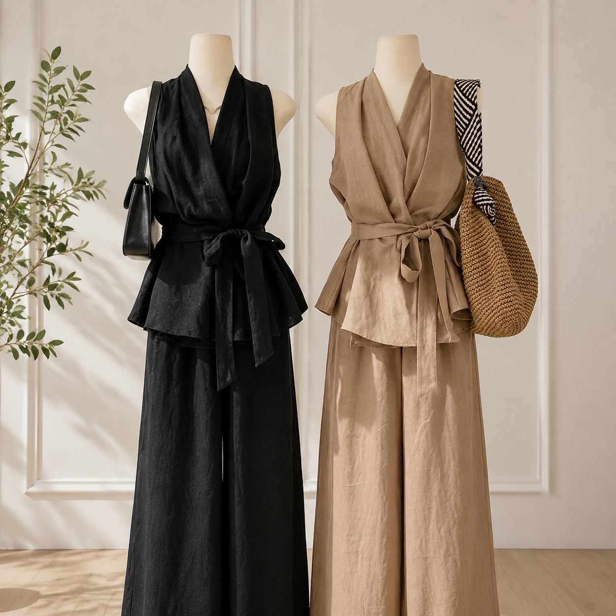 French V-Neck Halter Top & Wide Leg Pants Set | Chic Summer Two-Piece Outfit