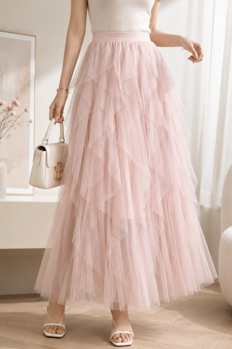 Asymmetrical Layered Mesh Midi Skirt | Romantic Tiered Cake Skirt