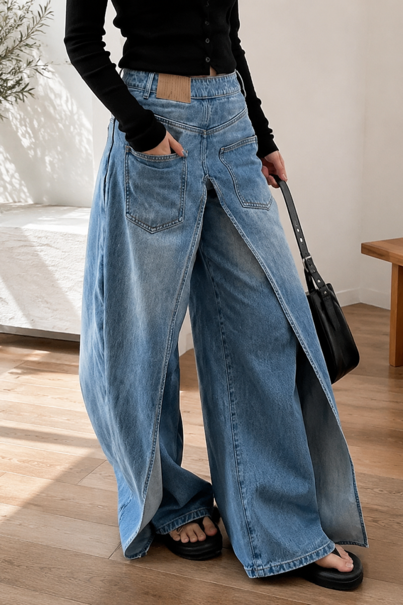 Reversible Wide-Leg Denim Pants | Patchwork Straight-Leg Punk Jeans