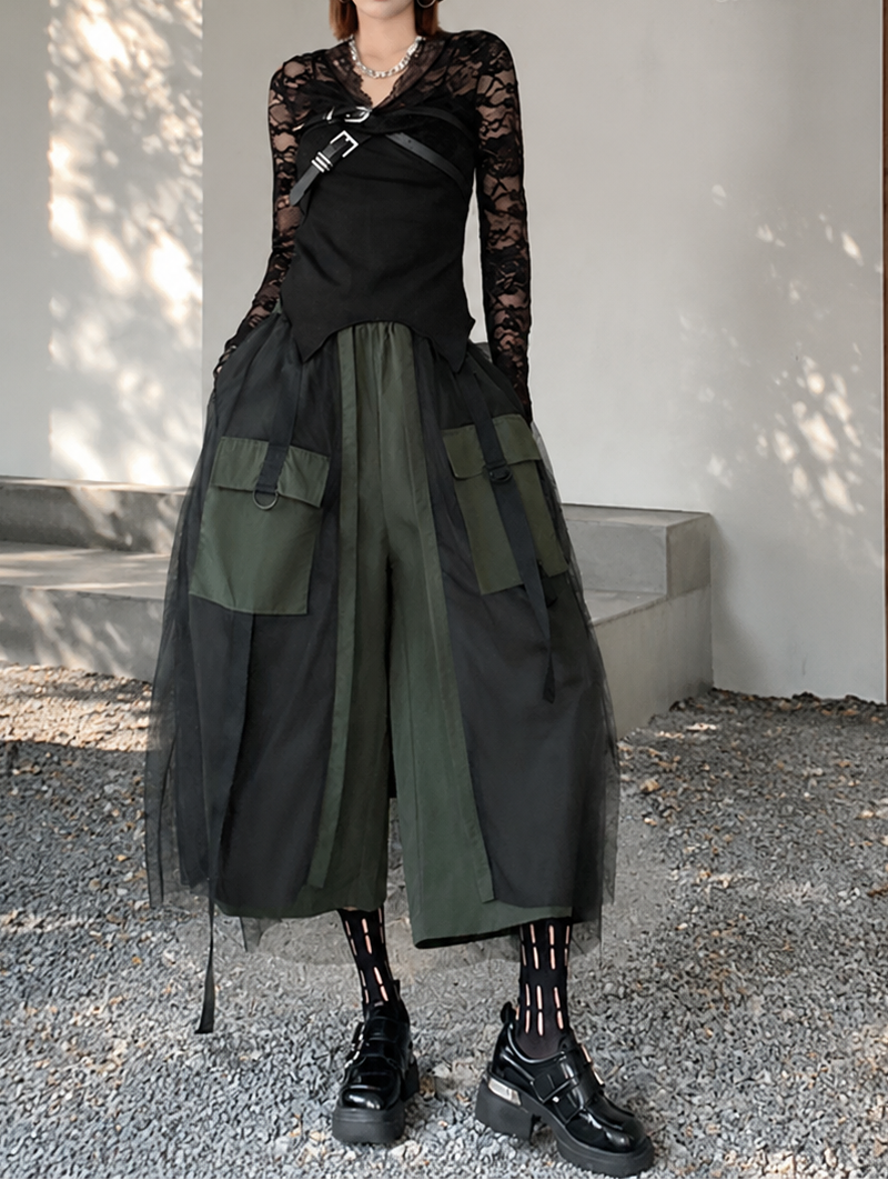 Mesh Patchwork Wide-Leg Cargo Cropped Pants | Casual Utility Summer Trousers