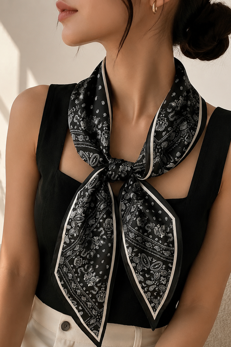Printed Square Neck Scarf | Versatile Ribbon Tie Fashion Accessory