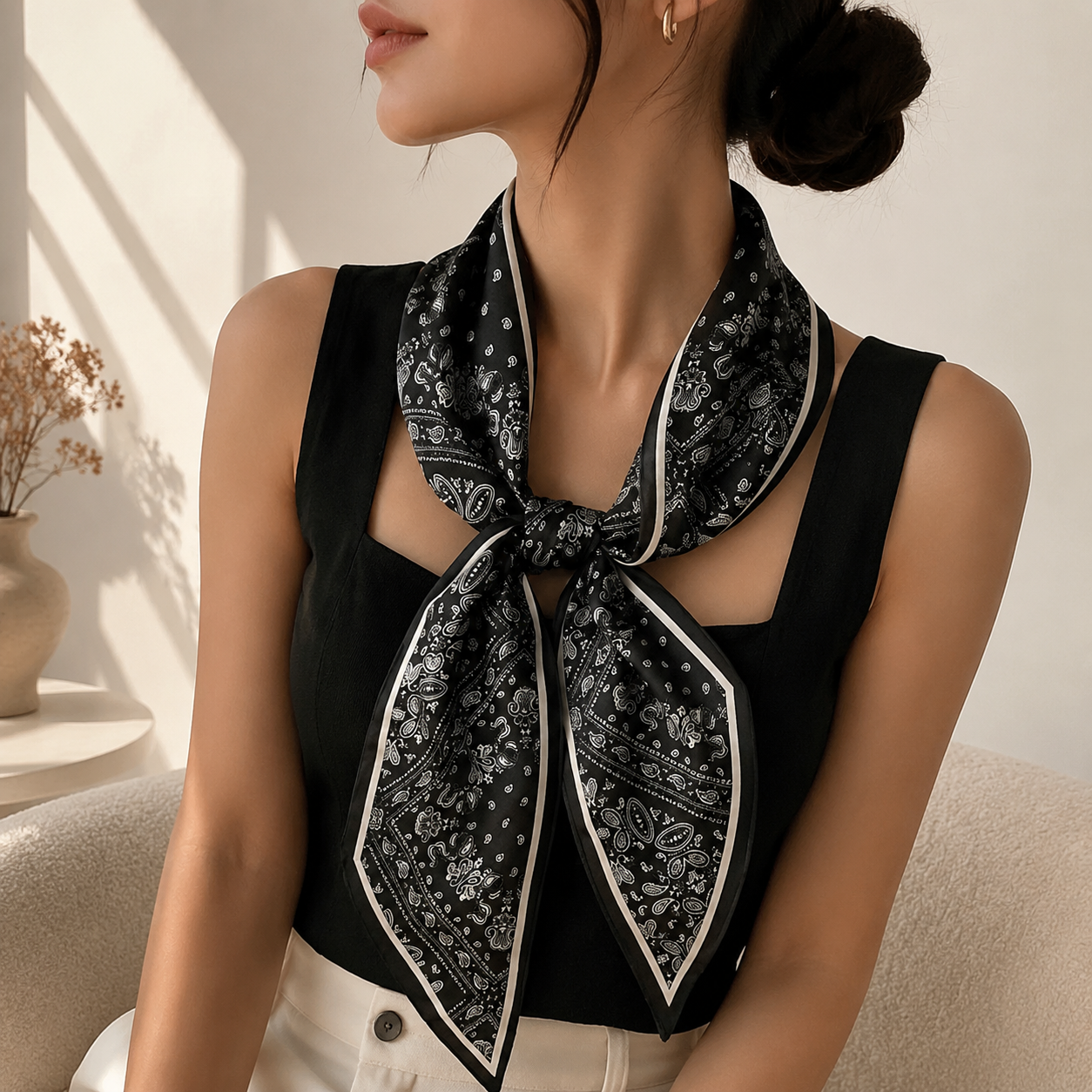 Printed Square Neck Scarf | Versatile Ribbon Tie Fashion Accessory