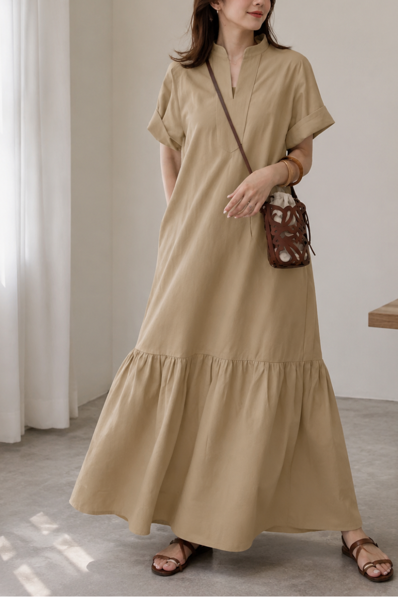 Stand Collar V-Neck Mermaid Maxi Dress | Elegant Pleated Short Sleeve Dress