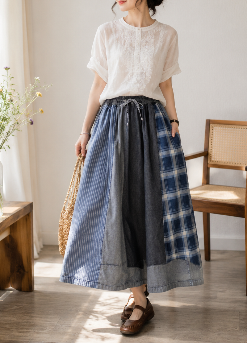 Patchwork Wide-Leg Denim Pants | Elastic Waist Drawstring Vintage Trousers