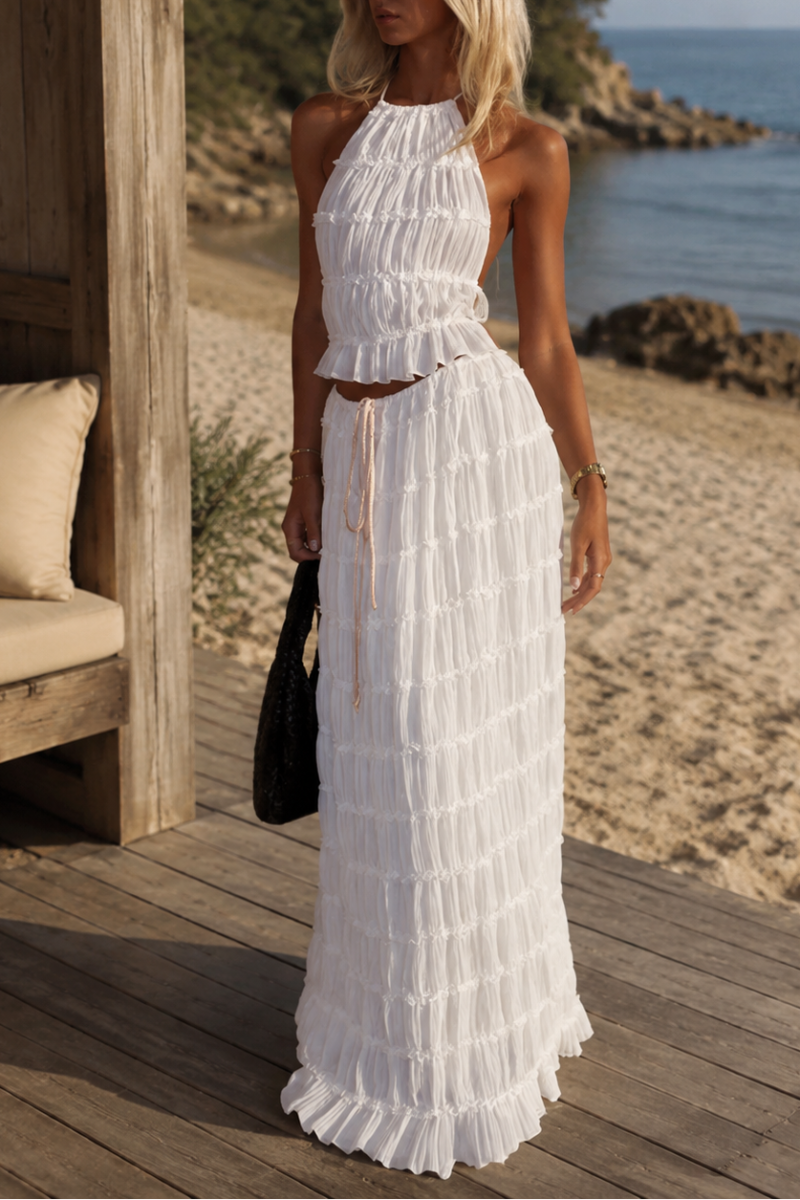 Elegant Chiffon Halter Two-Piece Skirt Set | Flowing Ruffle Vacation Outfit