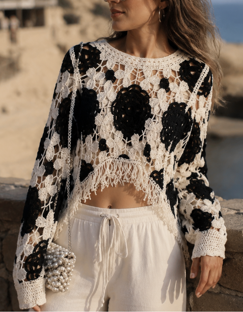 Hollow Tassel Long Sleeve Knit Cover-Up Top