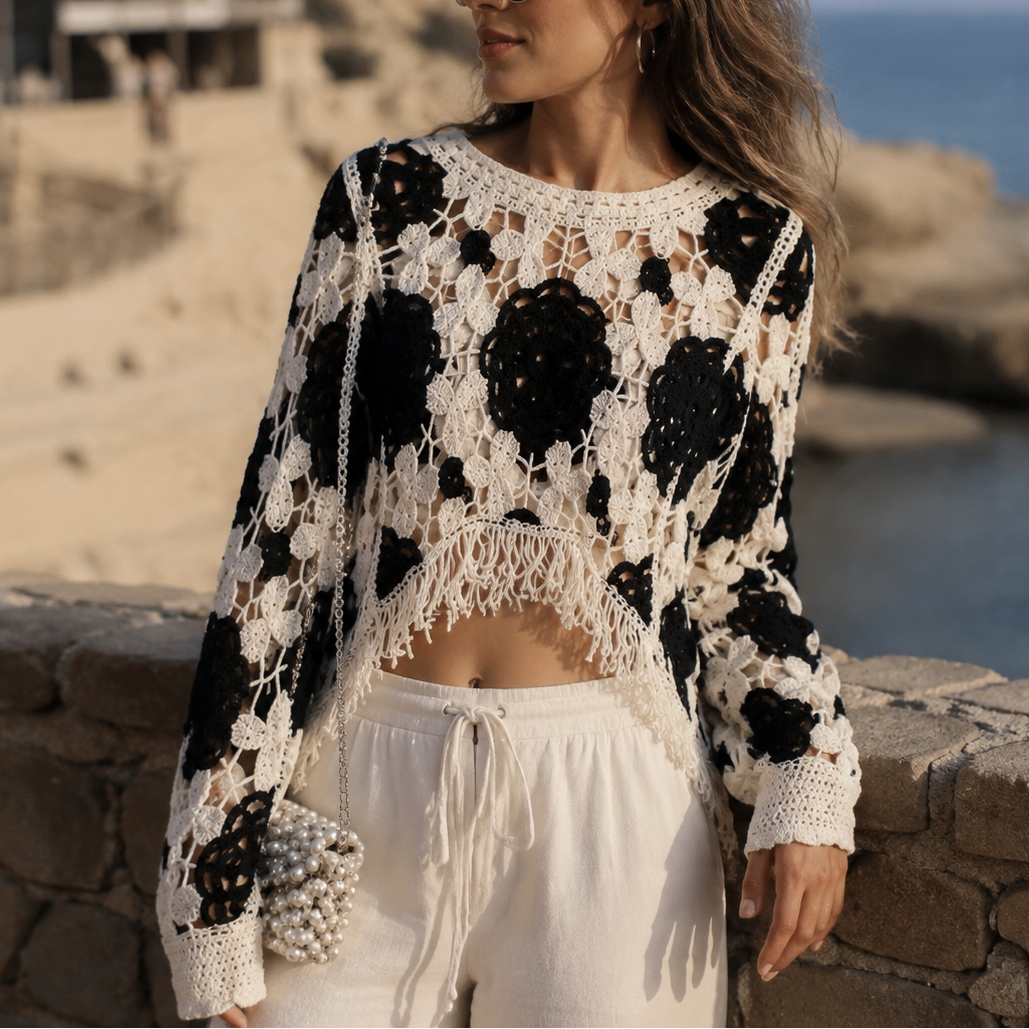 Hollow Tassel Long Sleeve Knit Cover-Up Top