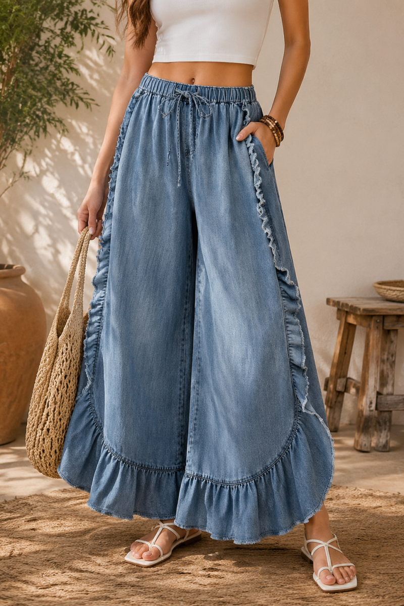 Boho Ruffle Raw-Hem Flare Denim Pants | Mid-Rise Spring Summer Trousers