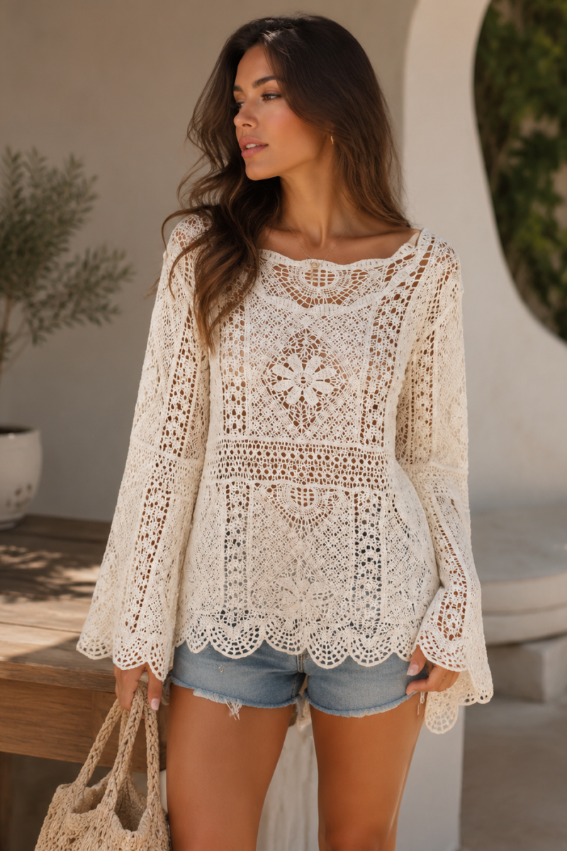 Boho Crochet Hollow Knit Pullover Top | Bell Sleeve Cotton Cover-Up