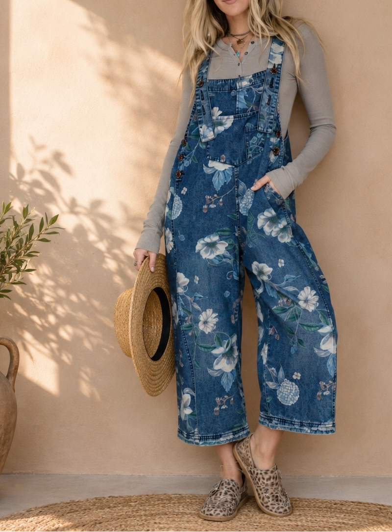 Printed Wide-Leg Denim Jumpsuit | Sleeveless Loose Streetwear One-Piece