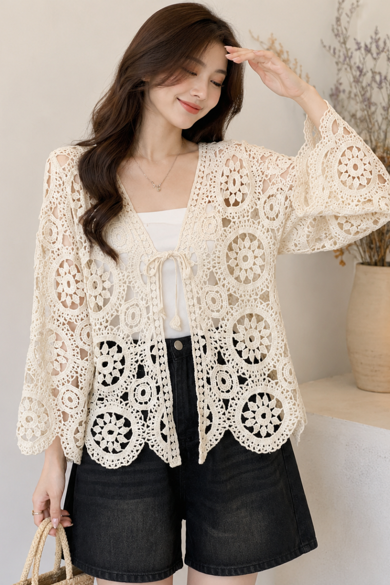 Hollow Knit Tie-Front Cardigan Top | Vintage Cotton Layering Knitwear