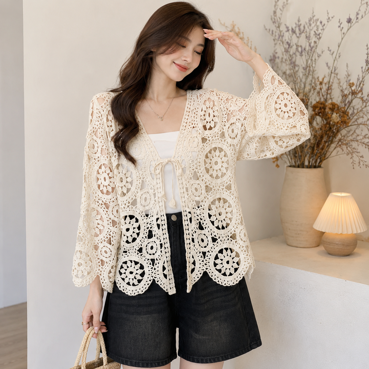Hollow Knit Tie-Front Cardigan Top | Vintage Cotton Layering Knitwear
