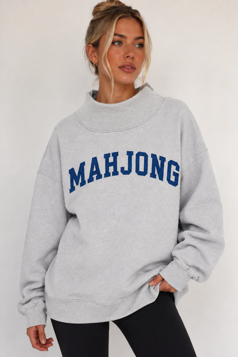 Mahjong Embroidered Oversized Mock Neck Top
