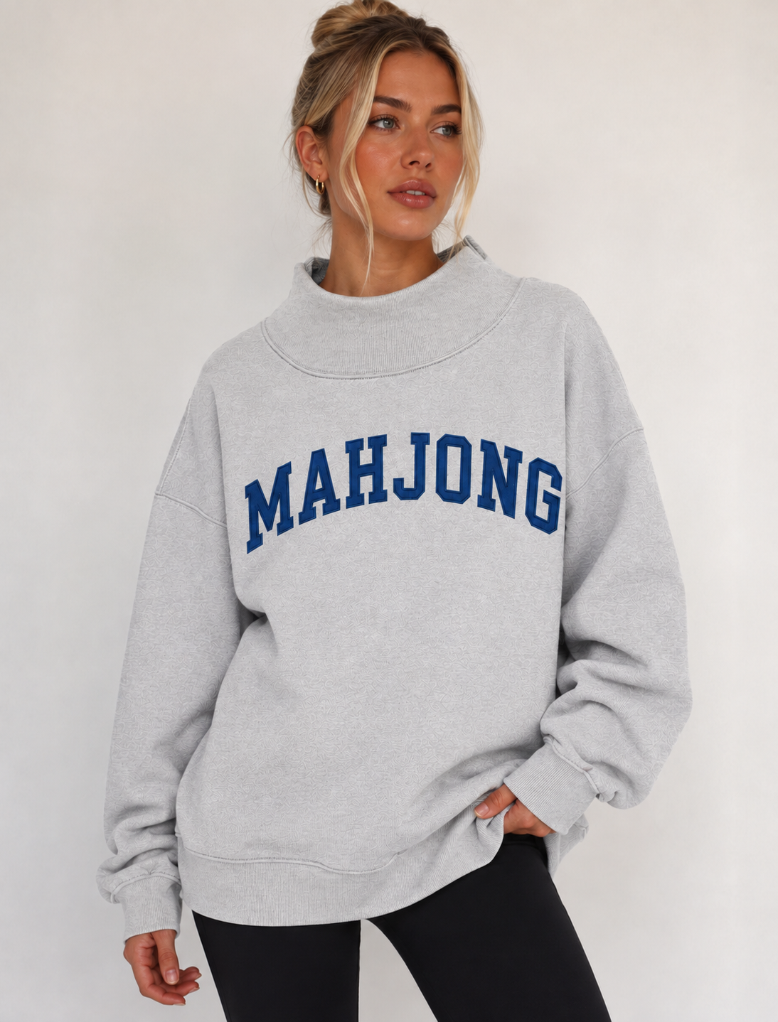 Mahjong Embroidered Oversized Mock Neck Top