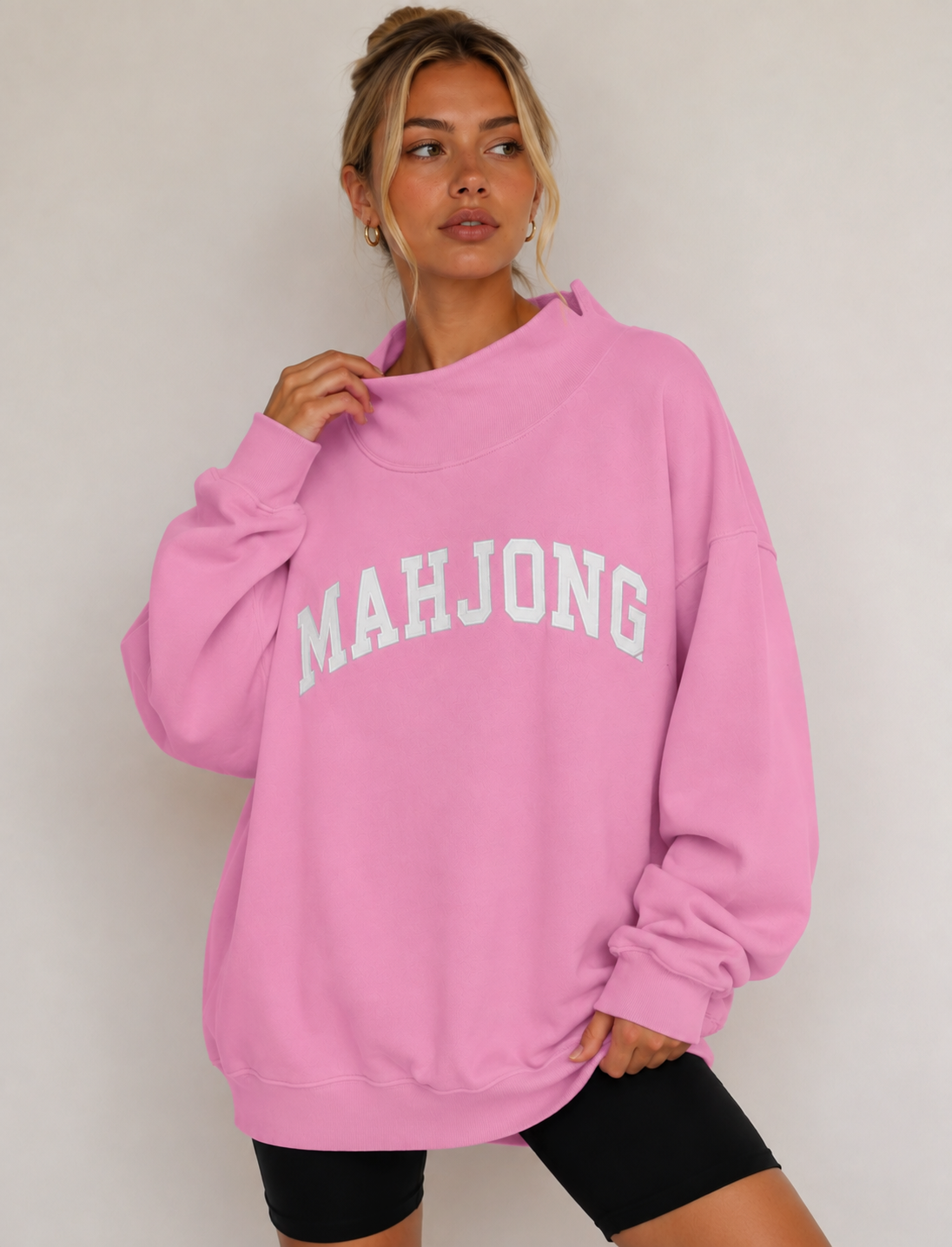 Mahjong Embroidered Oversized Mock Neck Top