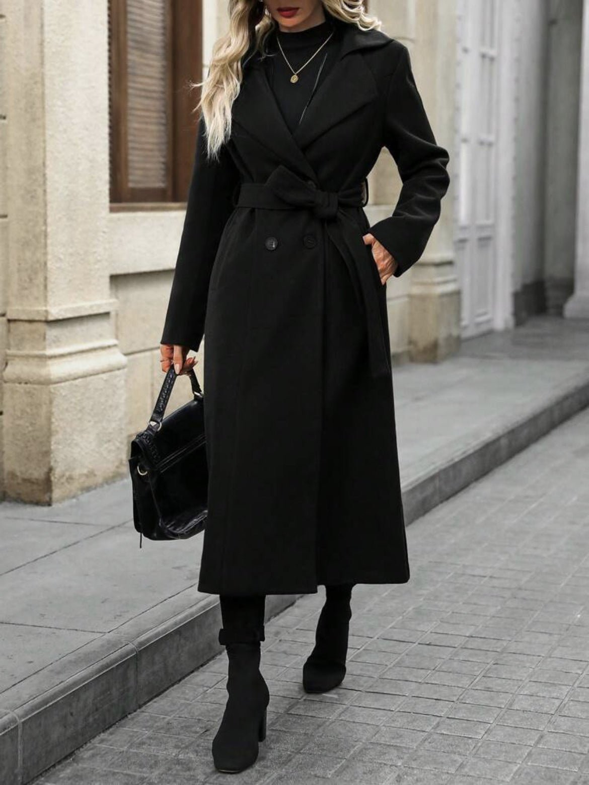 Lapel Tie-Waist Double-Breasted Wool-Look Trench Coat | Elegant Loose Fit Outerwear