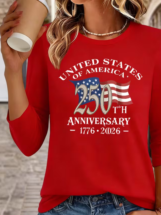 Women's USA 250th Anniversary Long Sleeve T-shirt Spring/Fall Red America Flag Printing Jersey Crew Neck Daily Going Out Casual Top