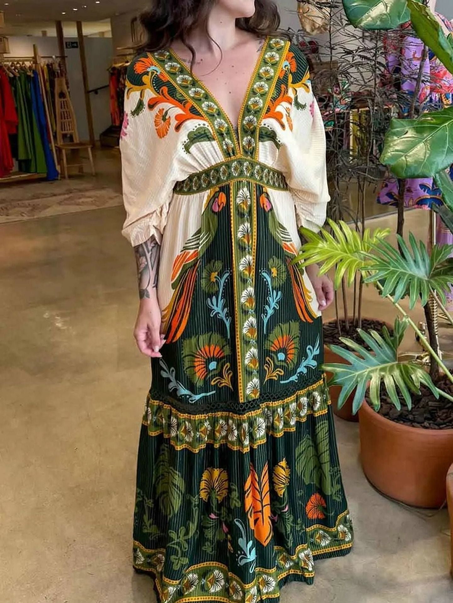 Vintage Ethnic Print V-Neck Dress | Boho Resort Wear