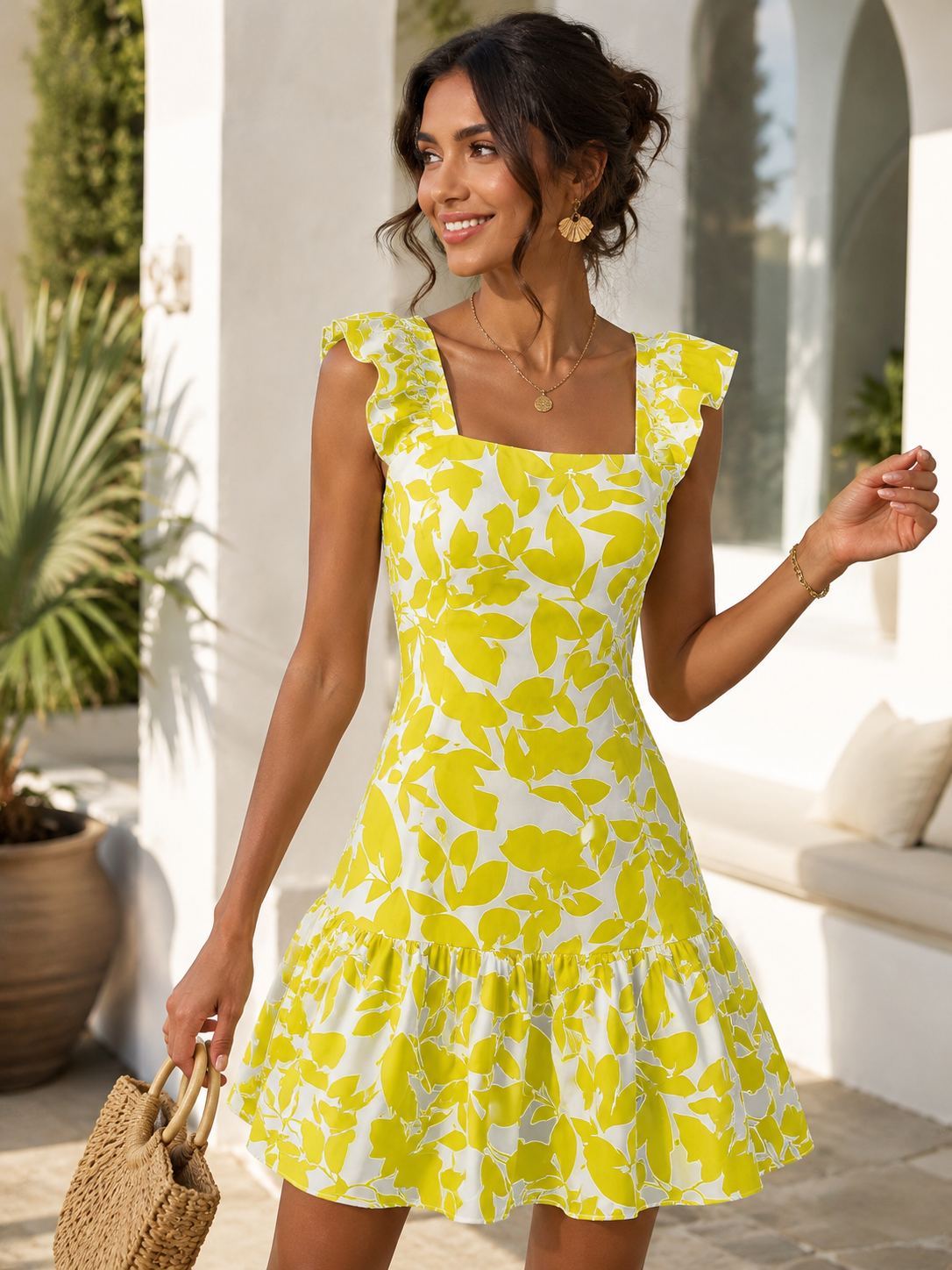 Printed Round Neck Flutter Sleeve Ruffle Dress | High-Waist Feminine Boutique Dress