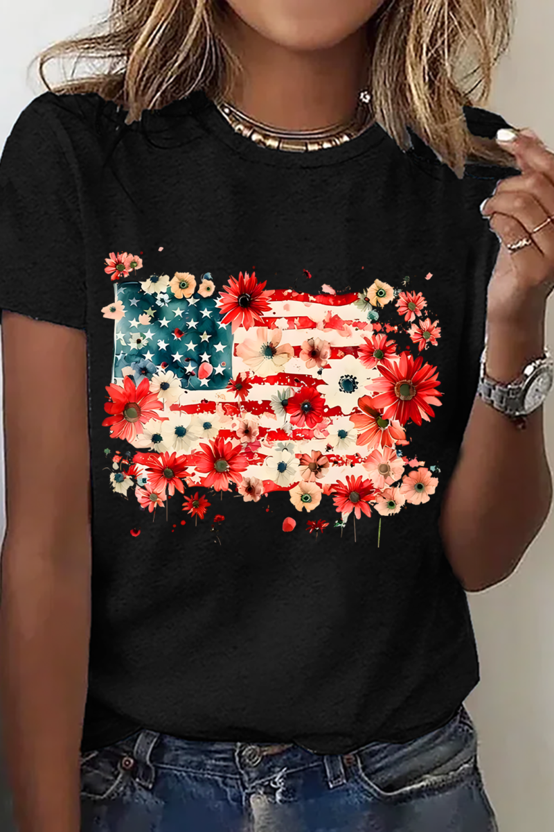 Floral American Flag Cotton T-Shirt