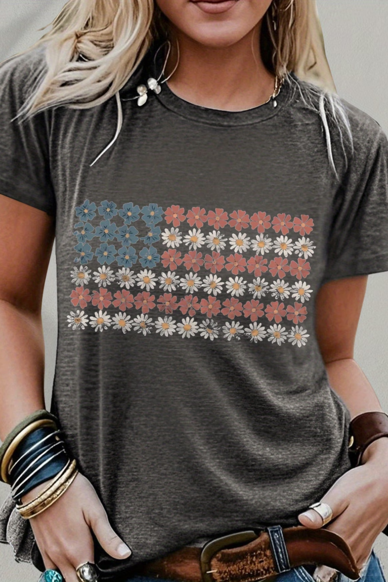 Women's Short Sleeve T-shirt Summer Gray America Flag Printing Jersey Crew Neck Daily Going Out Casual Top