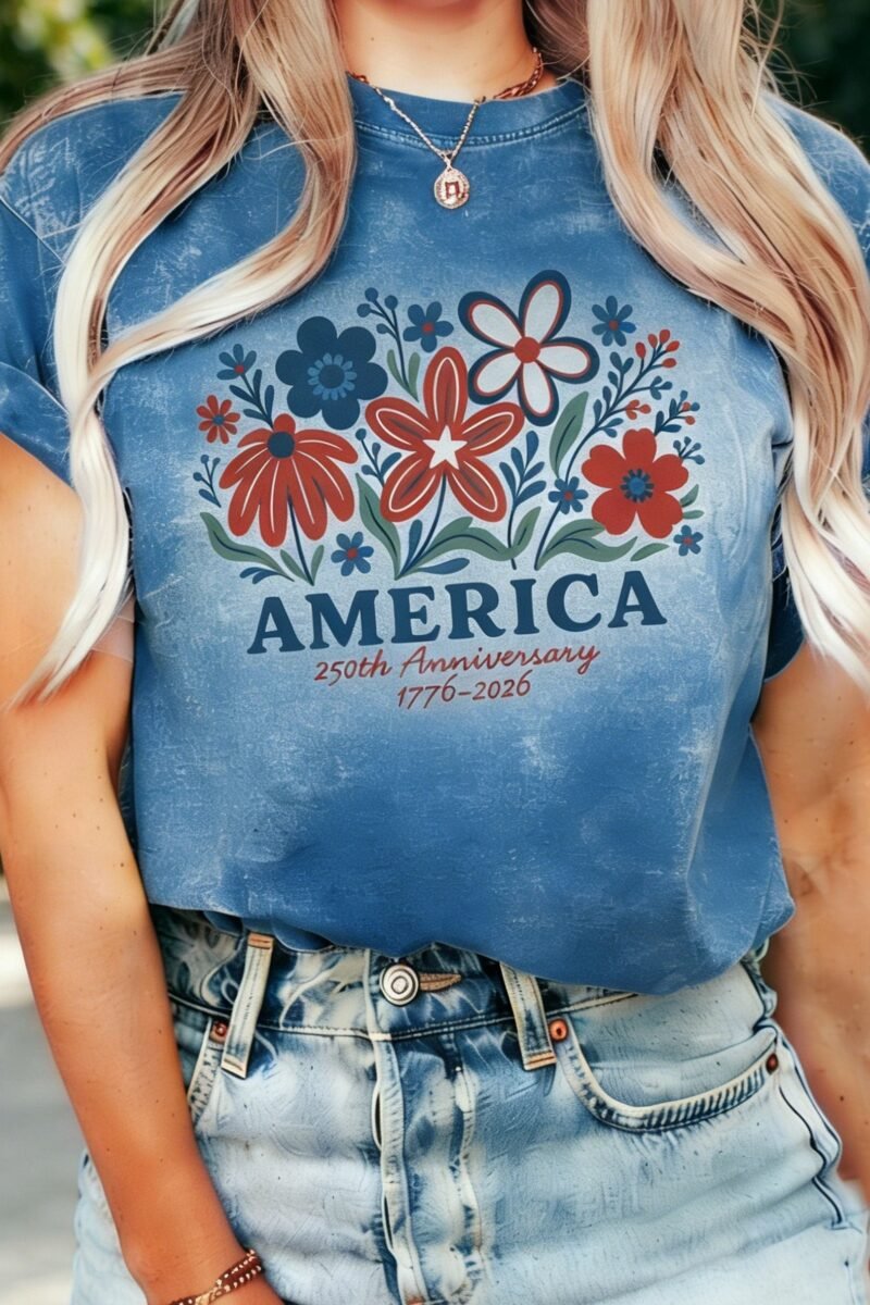 250th anniversary Independence Day Vintage Floral Printed Casual T-Shirt