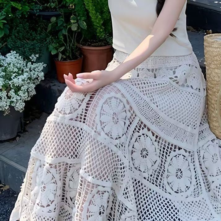 Lace Crochet Hollow A-Line Skirt | Gentle Cotton Boutique Skirt