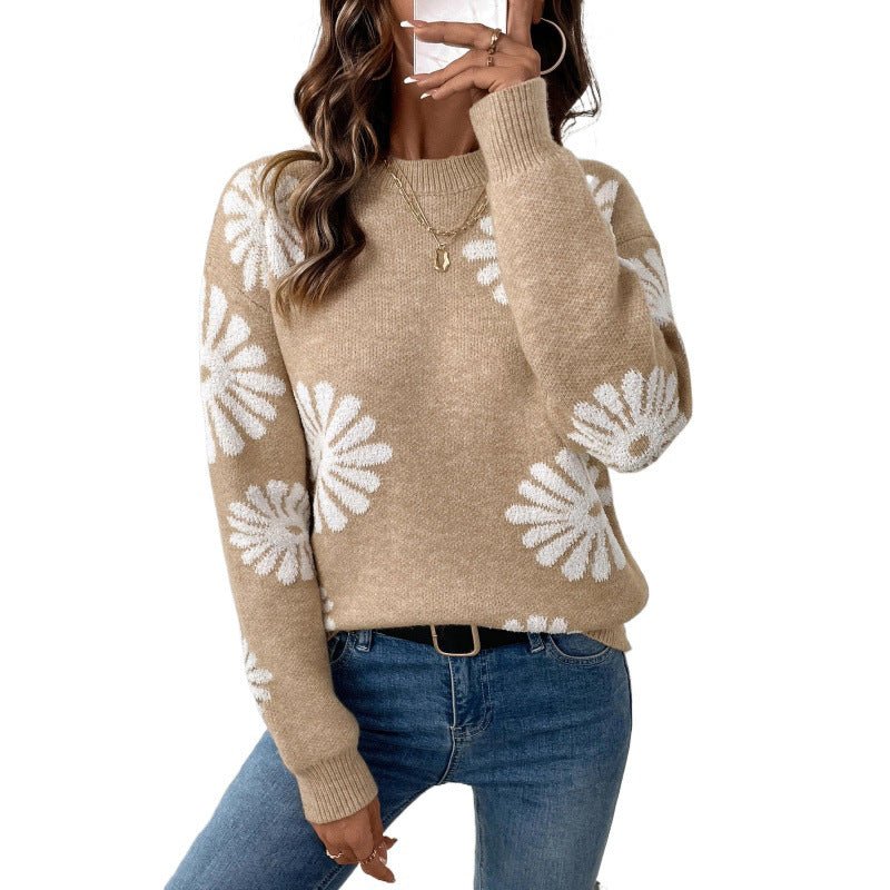Floral Round Neck Pullover Knit Sweater | Autumn Winter Casual Boutique Top