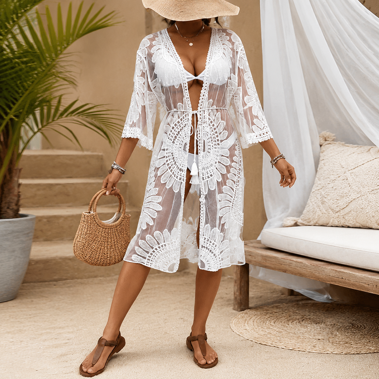 Lace Embroidered Floral Kimono Bikini Cover-Up | Cotton-Blend Resort Beach Cardigan