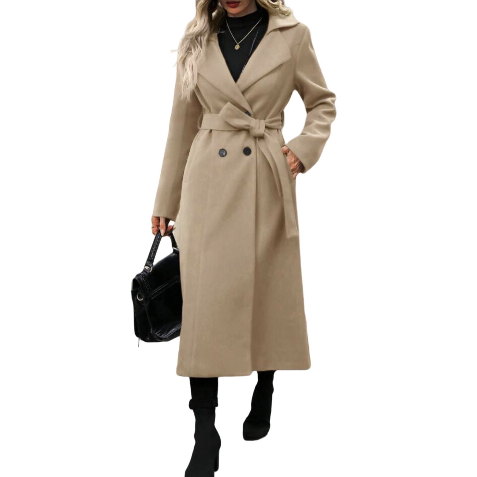 Lapel Tie-Waist Double-Breasted Wool-Look Trench Coat | Elegant Loose Fit Outerwear