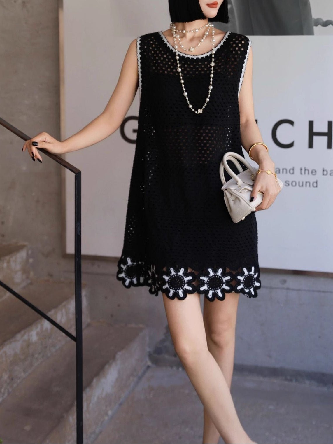 Hollow Lace Patchwork Sleeveless Dress | French Minimalist Cotton Dress