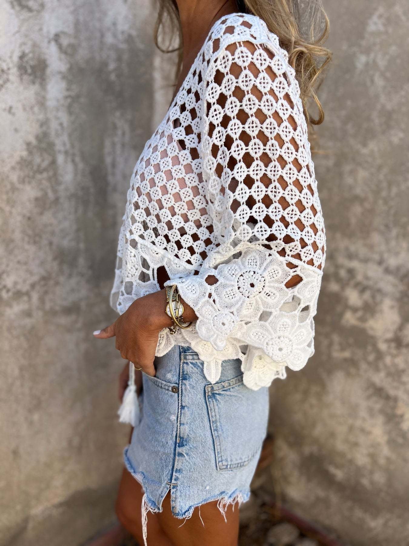 Hollow Crochet Bell Sleeve Knit Cover-Up Top | Tie-Front Cotton Layering Knitwear