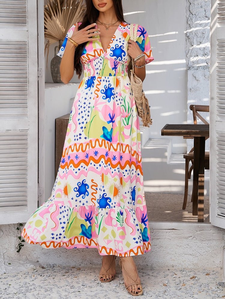 Bohemian Colorblock Print V-Neck Dress | Resort Vacation Wear