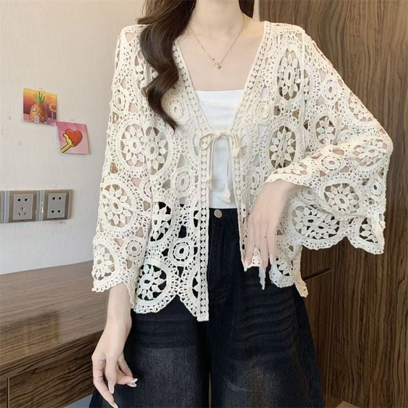Hollow Knit Tie-Front Cardigan Top | Vintage Cotton Layering Knitwear