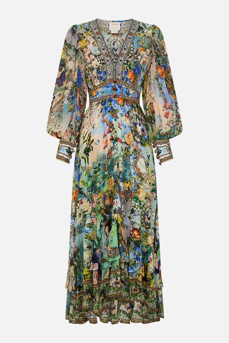 Printed V-Neck Puff Sleeve Belted Dress | Elegant Casual Midi Dress